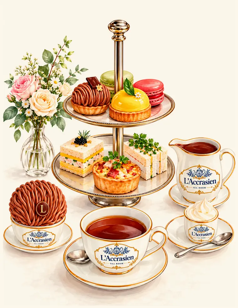 Illustration of an l'Accrasien afternoon tea: a two-tier stand of pastries, sandwiches and tarts with a cup of tea